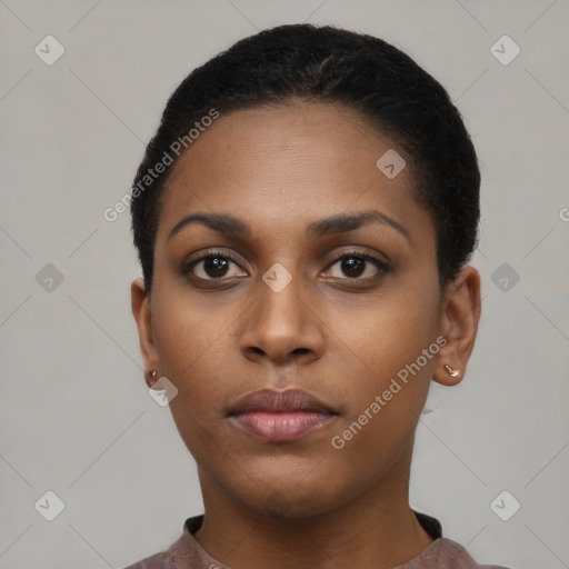 Neutral latino young-adult female with short  black hair and brown eyes