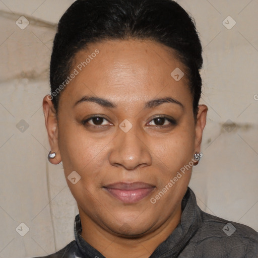 Joyful latino young-adult female with short  brown hair and brown eyes