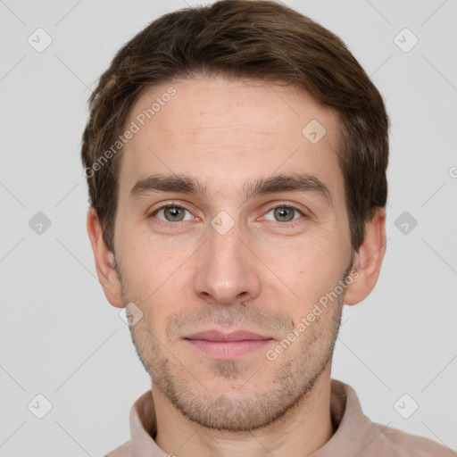 Neutral white young-adult male with short  brown hair and grey eyes