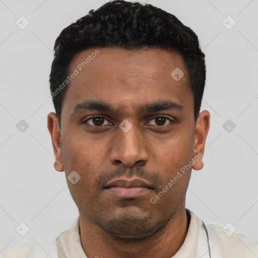 Neutral latino young-adult male with short  black hair and brown eyes