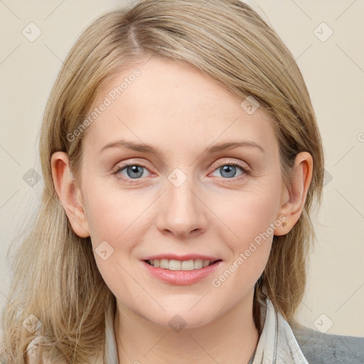 Joyful white young-adult female with medium  brown hair and blue eyes