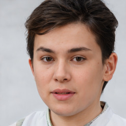 Neutral white young-adult female with short  brown hair and brown eyes