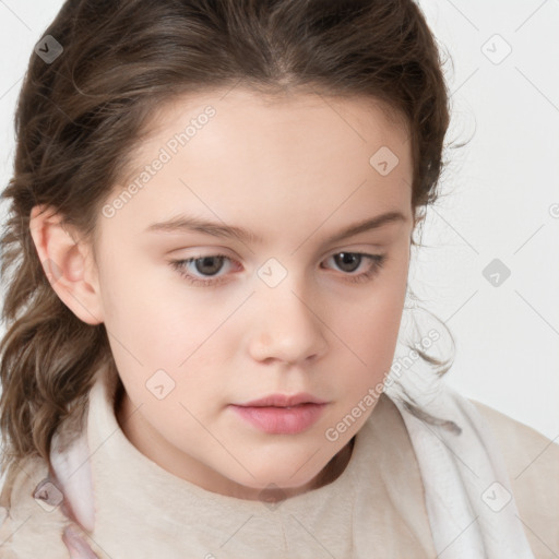 Neutral white child female with medium  brown hair and grey eyes