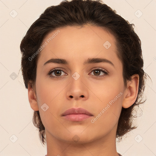 Neutral white young-adult female with medium  brown hair and brown eyes