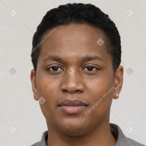 Neutral black young-adult male with short  black hair and brown eyes
