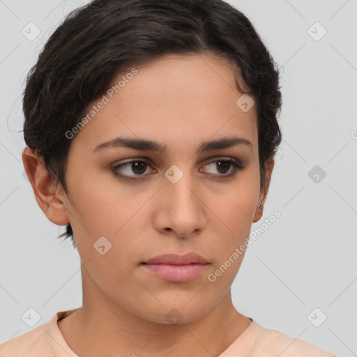 Neutral latino young-adult female with short  brown hair and brown eyes