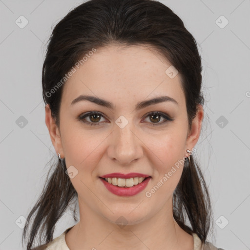 Joyful white young-adult female with medium  brown hair and brown eyes