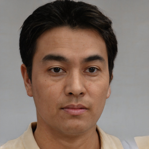 Neutral asian young-adult male with short  brown hair and brown eyes
