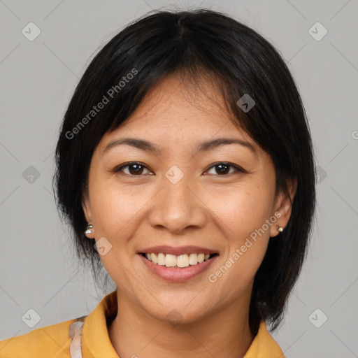 Joyful white young-adult female with medium  brown hair and brown eyes