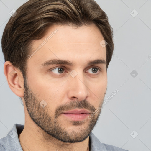 Neutral white young-adult male with short  brown hair and brown eyes