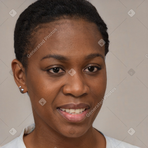 Joyful black young-adult female with short  brown hair and brown eyes