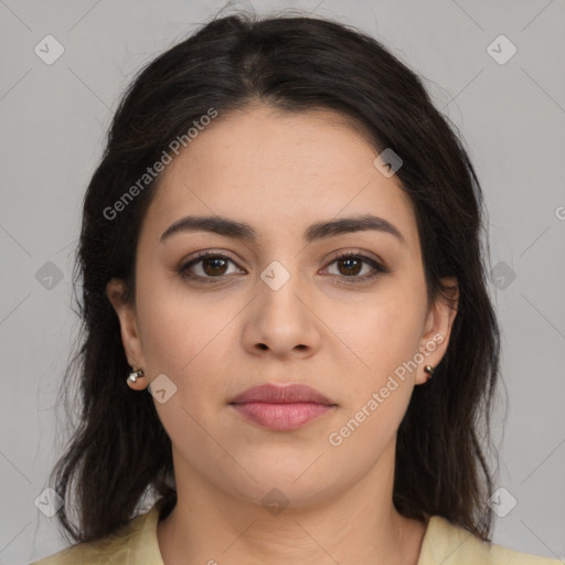 Neutral white young-adult female with medium  brown hair and brown eyes