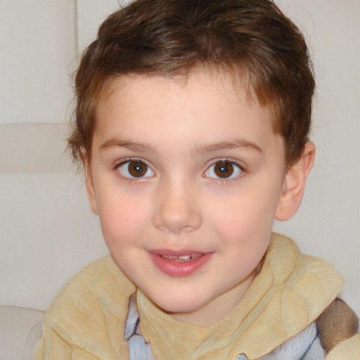 Joyful white child female with short  brown hair and brown eyes