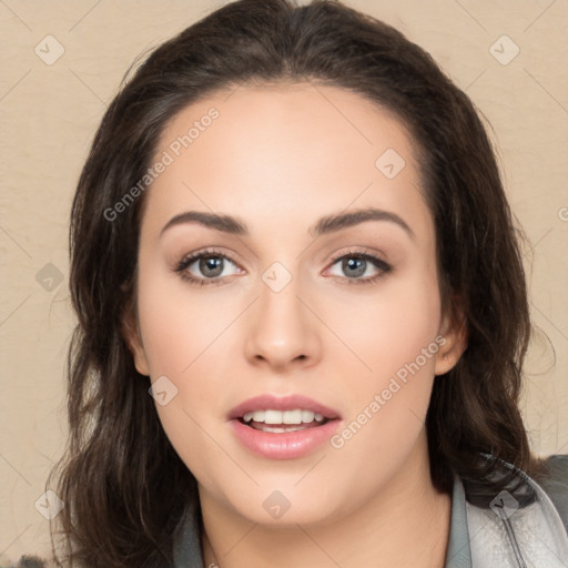 Neutral white young-adult female with long  brown hair and brown eyes