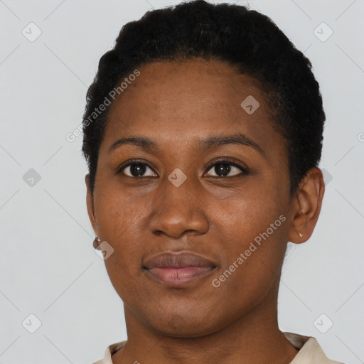 Neutral black young-adult female with short  black hair and brown eyes