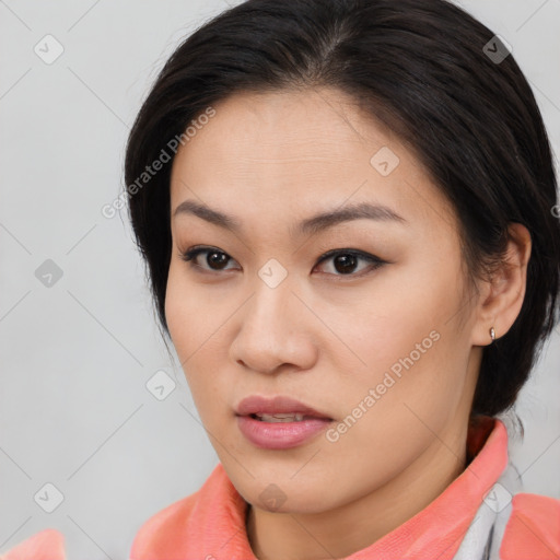 Neutral asian young-adult female with medium  brown hair and brown eyes