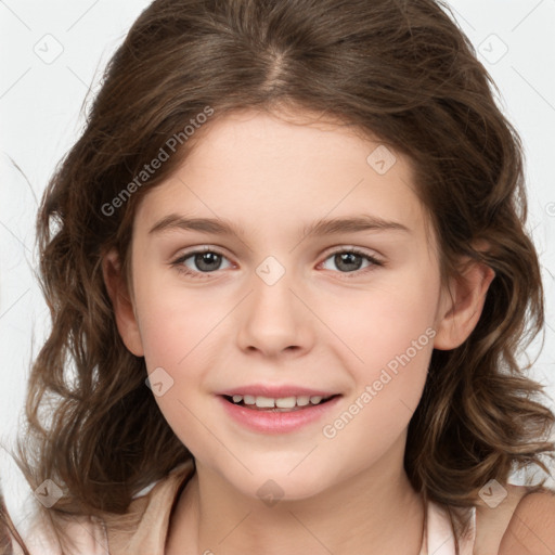 Joyful white child female with medium  brown hair and brown eyes