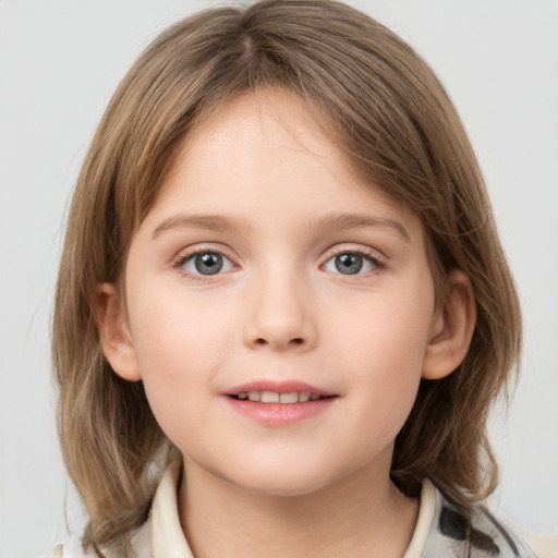 Neutral white child female with medium  brown hair and grey eyes