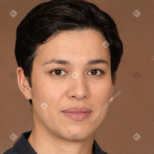 Joyful white young-adult female with medium  brown hair and brown eyes