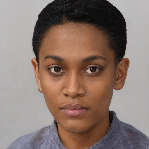 Neutral black young-adult female with short  black hair and brown eyes