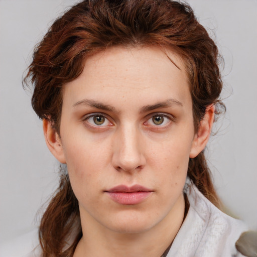 Neutral white young-adult female with medium  brown hair and blue eyes