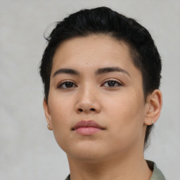 Neutral asian young-adult female with short  black hair and brown eyes