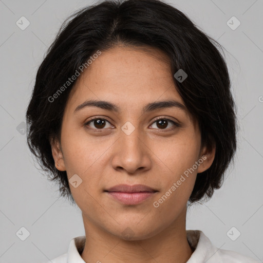 Joyful white young-adult female with medium  brown hair and brown eyes