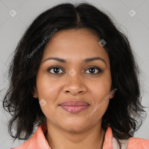 Joyful black young-adult female with medium  brown hair and brown eyes