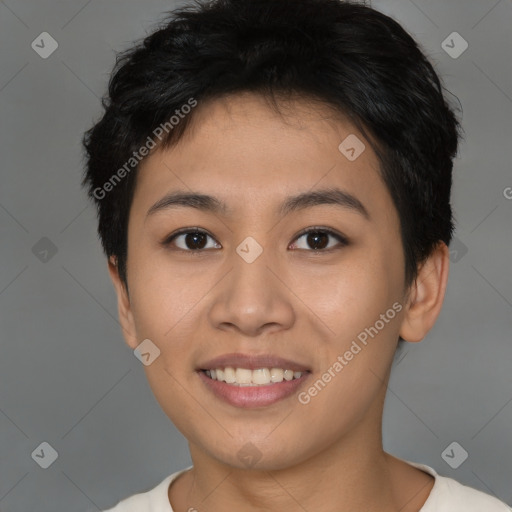 Joyful asian young-adult female with short  brown hair and brown eyes