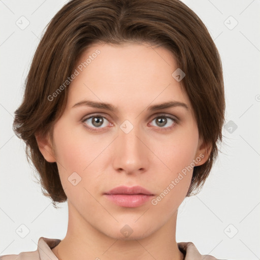 Neutral white young-adult female with medium  brown hair and brown eyes