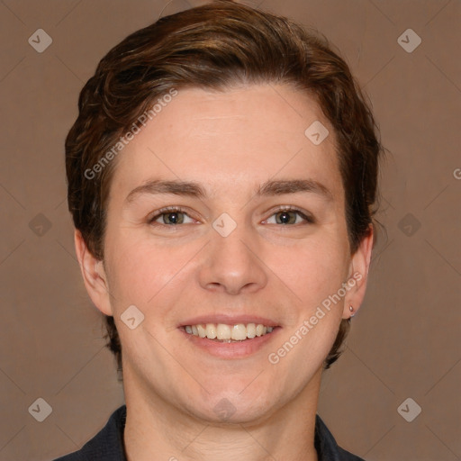 Joyful white young-adult female with short  brown hair and grey eyes