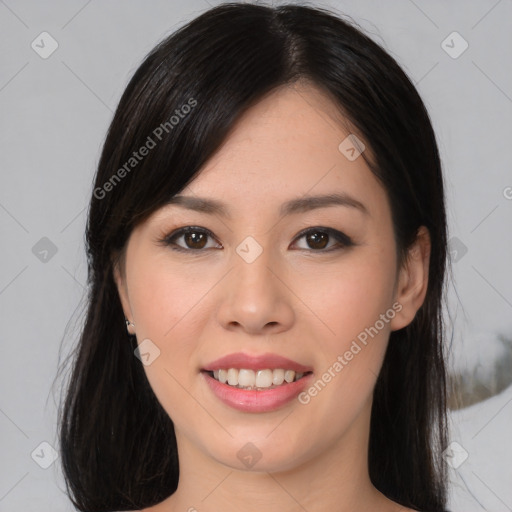 Joyful white young-adult female with long  black hair and brown eyes