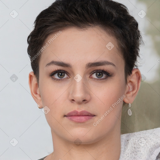 Neutral white young-adult female with short  brown hair and brown eyes