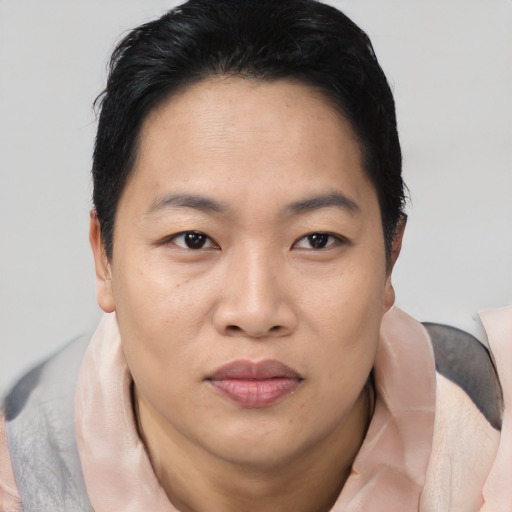 Joyful asian young-adult female with short  black hair and brown eyes
