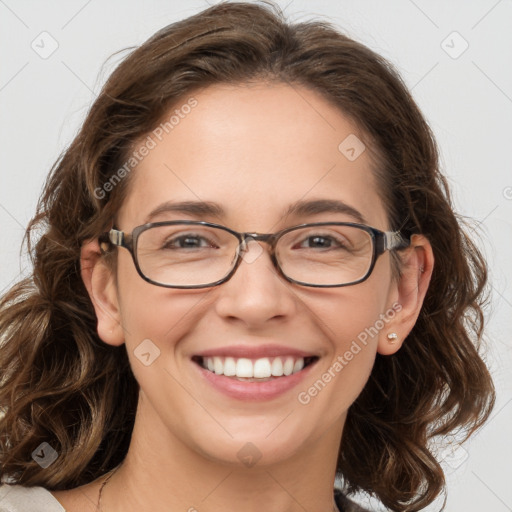 Joyful white young-adult female with medium  brown hair and blue eyes