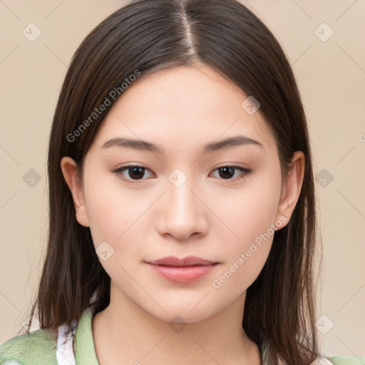 Neutral white young-adult female with medium  brown hair and brown eyes