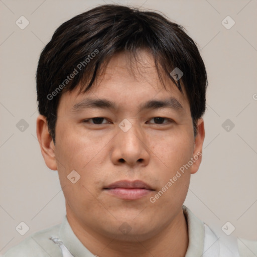 Neutral asian young-adult male with short  brown hair and brown eyes