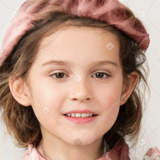 Joyful white child female with medium  brown hair and blue eyes