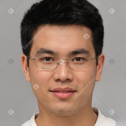 Joyful asian young-adult male with short  black hair and brown eyes