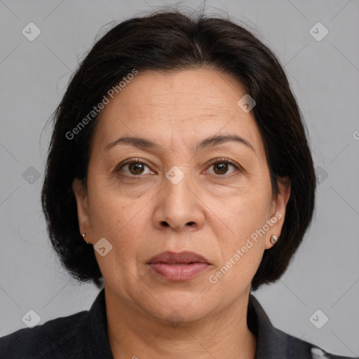 Joyful white adult female with medium  brown hair and brown eyes