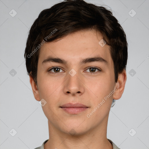 Neutral white young-adult male with short  brown hair and brown eyes