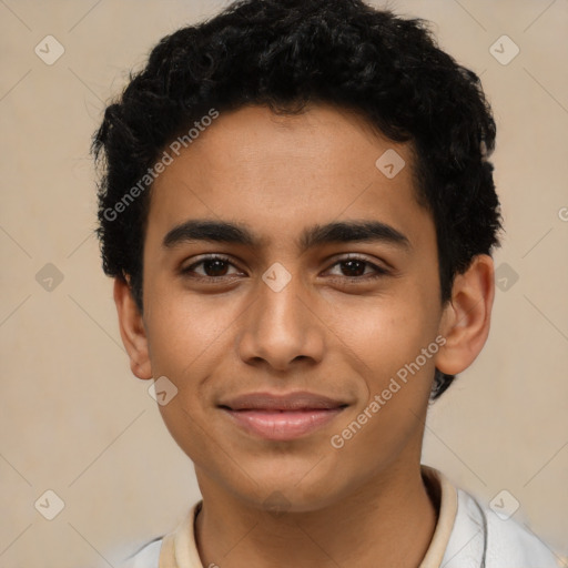 Joyful latino young-adult male with short  brown hair and brown eyes