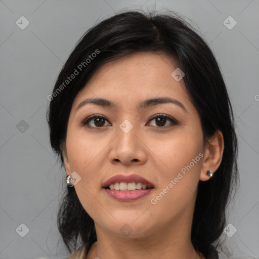 Joyful asian young-adult female with medium  black hair and brown eyes