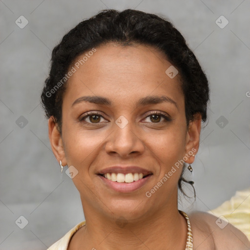 Joyful latino young-adult female with short  brown hair and brown eyes