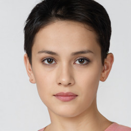 Neutral white young-adult female with short  brown hair and brown eyes