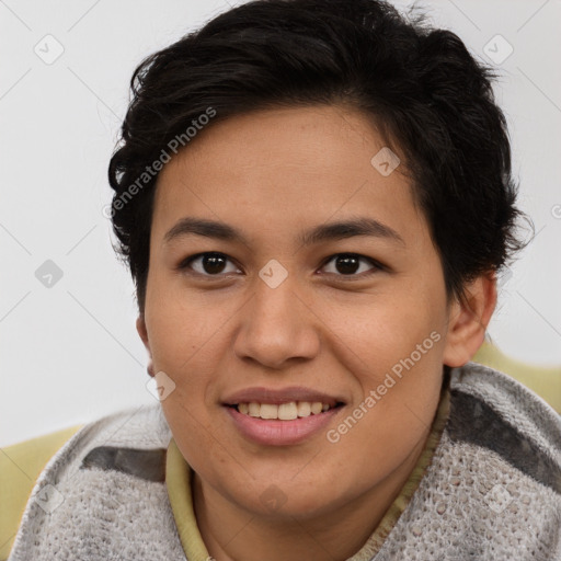 Joyful asian young-adult female with short  brown hair and brown eyes