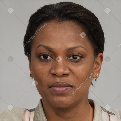 Joyful black adult female with short  brown hair and brown eyes