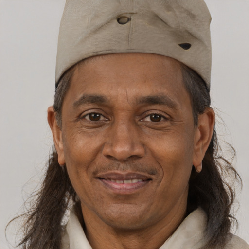 Joyful black adult male with short  brown hair and brown eyes
