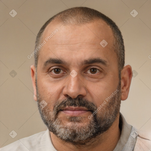 Neutral white adult male with short  black hair and brown eyes