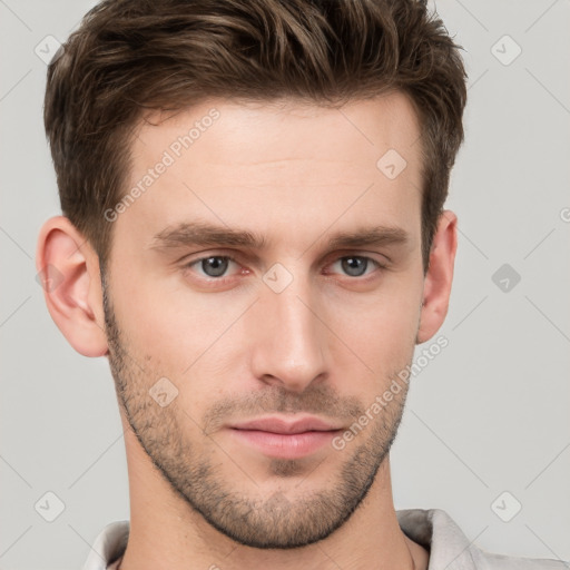 Neutral white young-adult male with short  brown hair and grey eyes